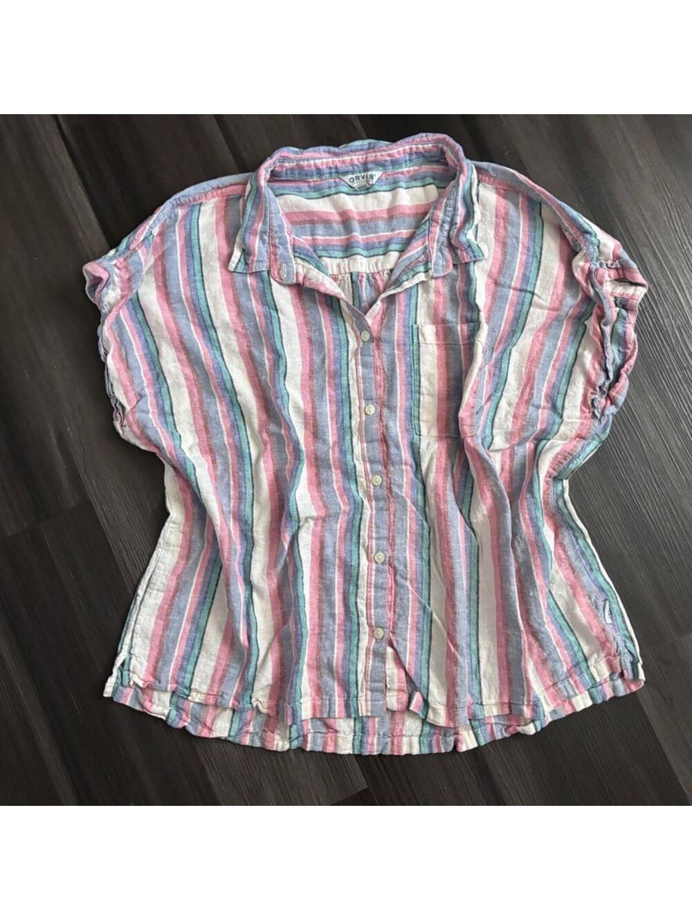 Orvis Women's Linen Blend Top Size XXL Striped Collared Button Down Cap Sleeves